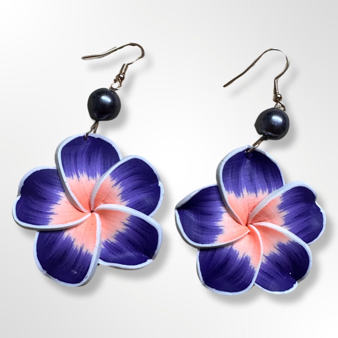 Plumeria Pearl Drop Earrings - Purple