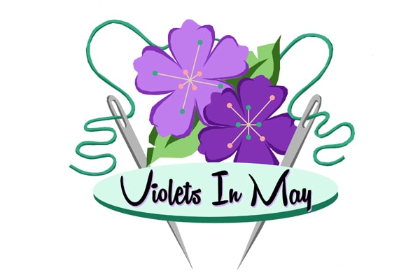 Purple retro atomic style flowers with sewing needles