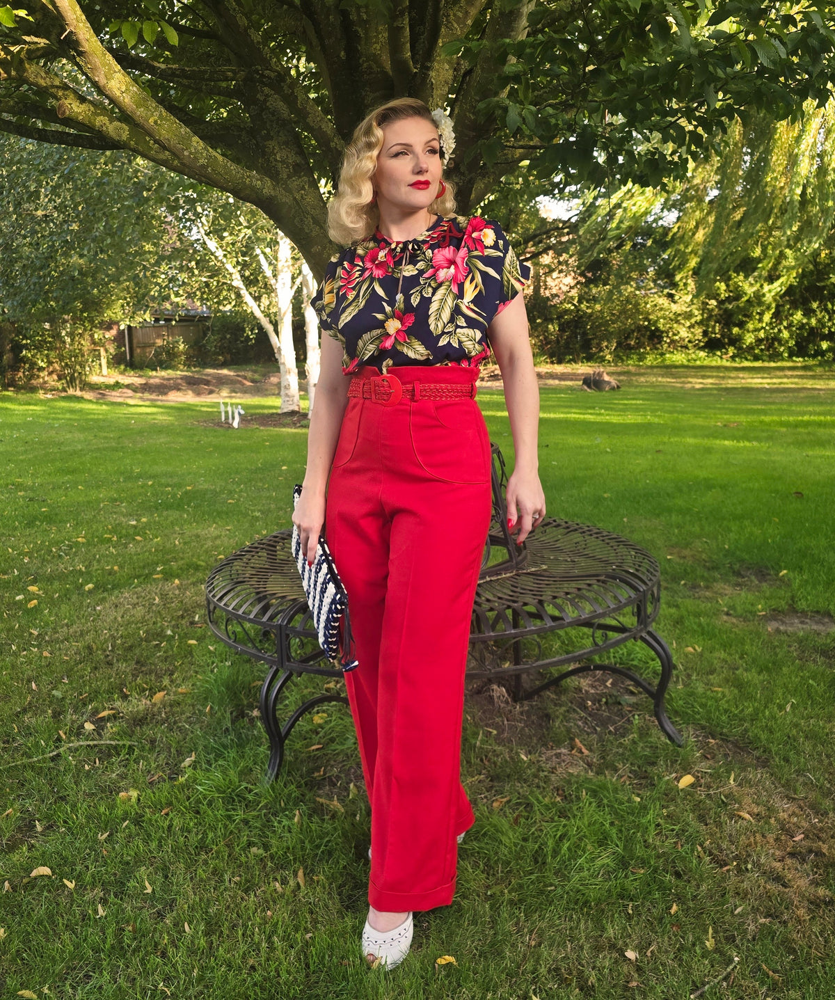 1940s Wide Leg Trousers & Rayon Blouse