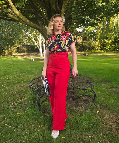 1940s Wide Leg Trousers & Rayon Blouse