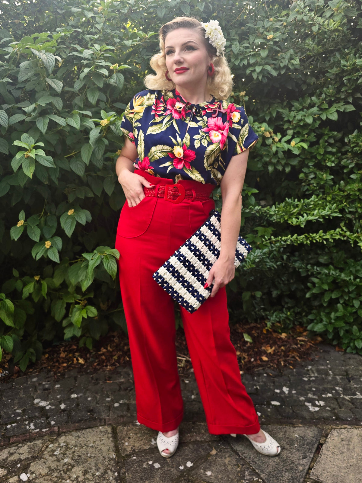 1940s Wide Leg Trousers & Rayon Blouse