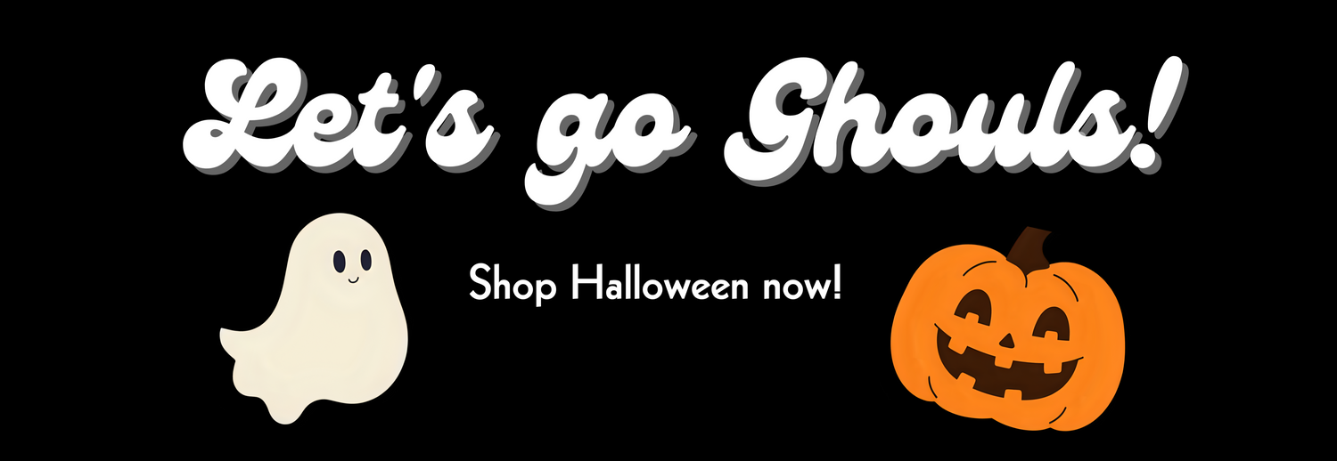 Halloween-themed promotional graphic with ghost and pumpkin on a black background