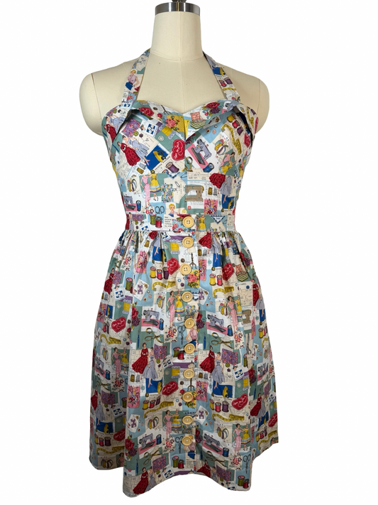 50s Style retro sewing print Dolly Top & button skirt combo- UK 14