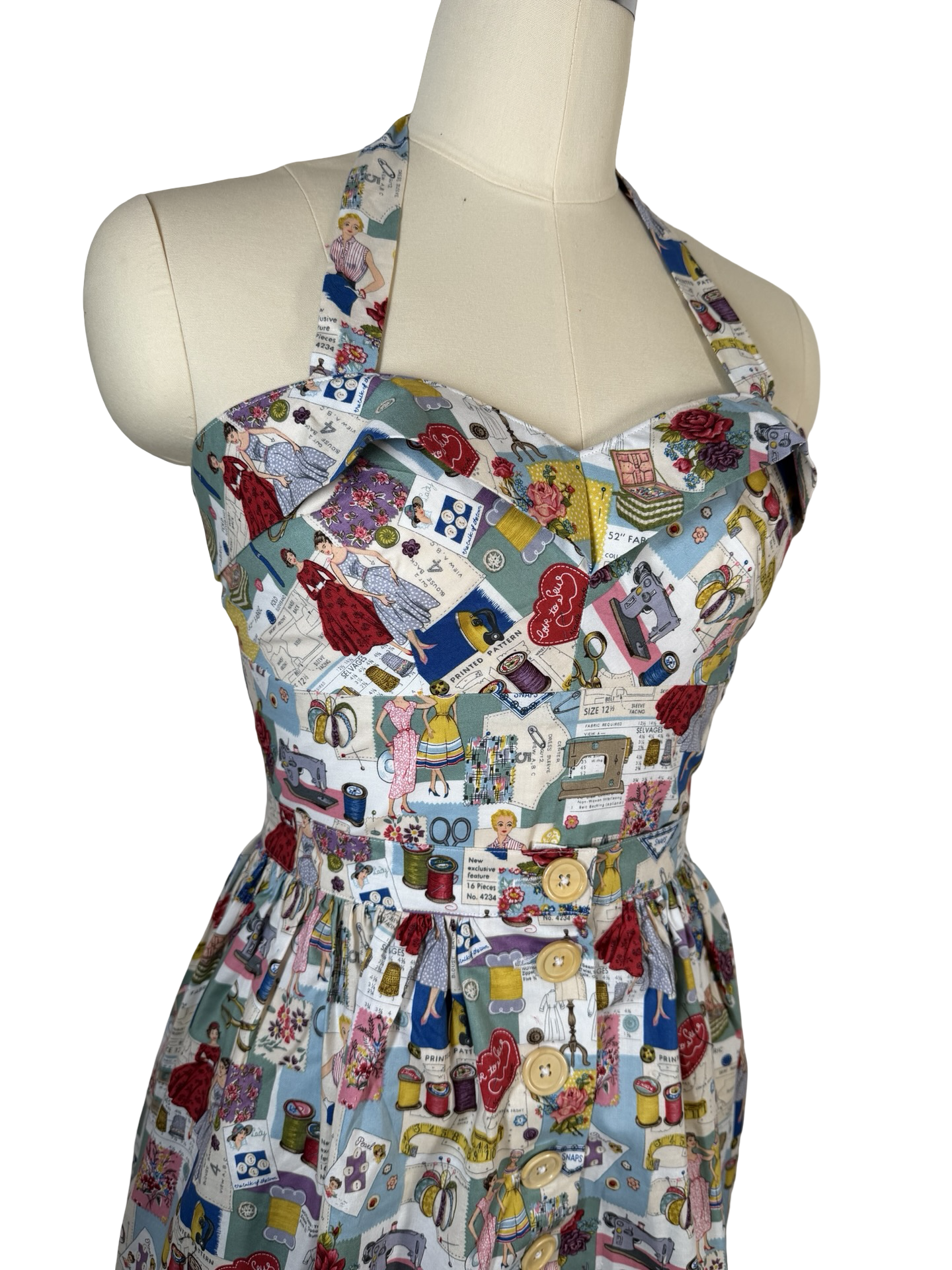 50s Style retro sewing print Dolly Top & button skirt combo- UK 14