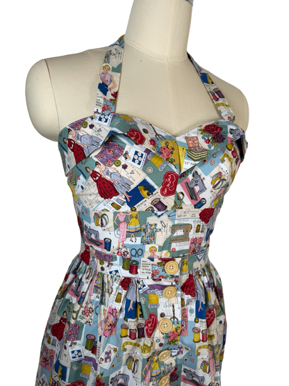 50s Style retro sewing print Dolly Top & button skirt combo- UK 14