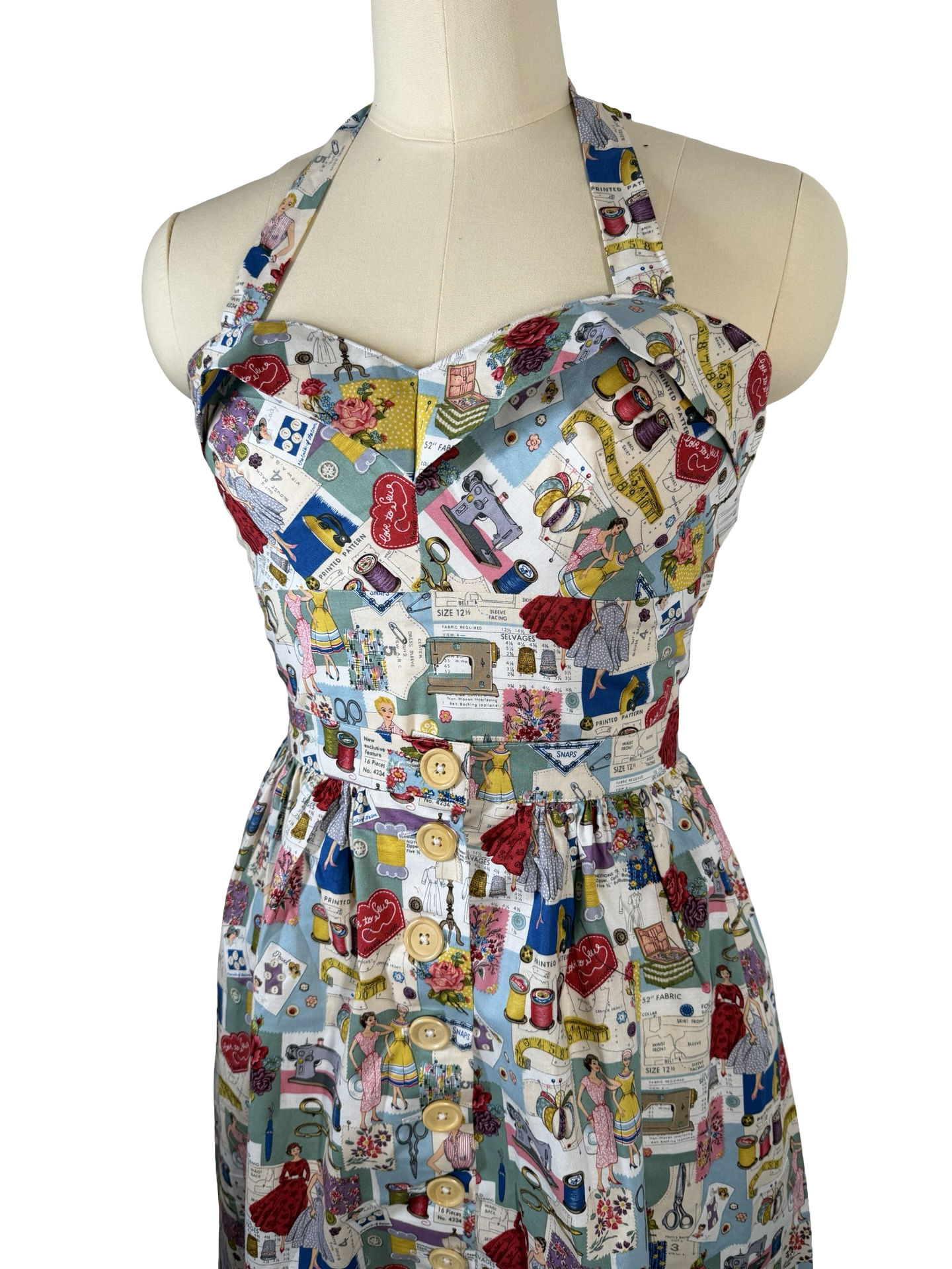 50s Style retro sewing print Dolly Top & button skirt combo- UK 14