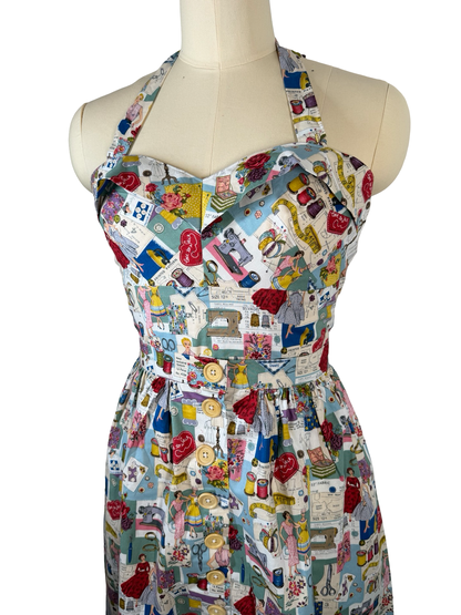 50s Style retro sewing print Dolly Top & button skirt combo- UK 14