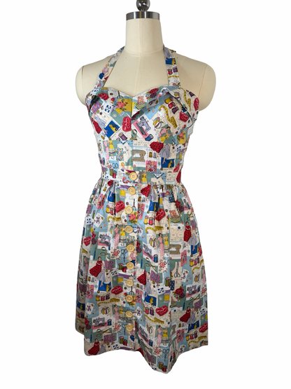 50s Style retro sewing print Dolly Top & button skirt combo- UK 14