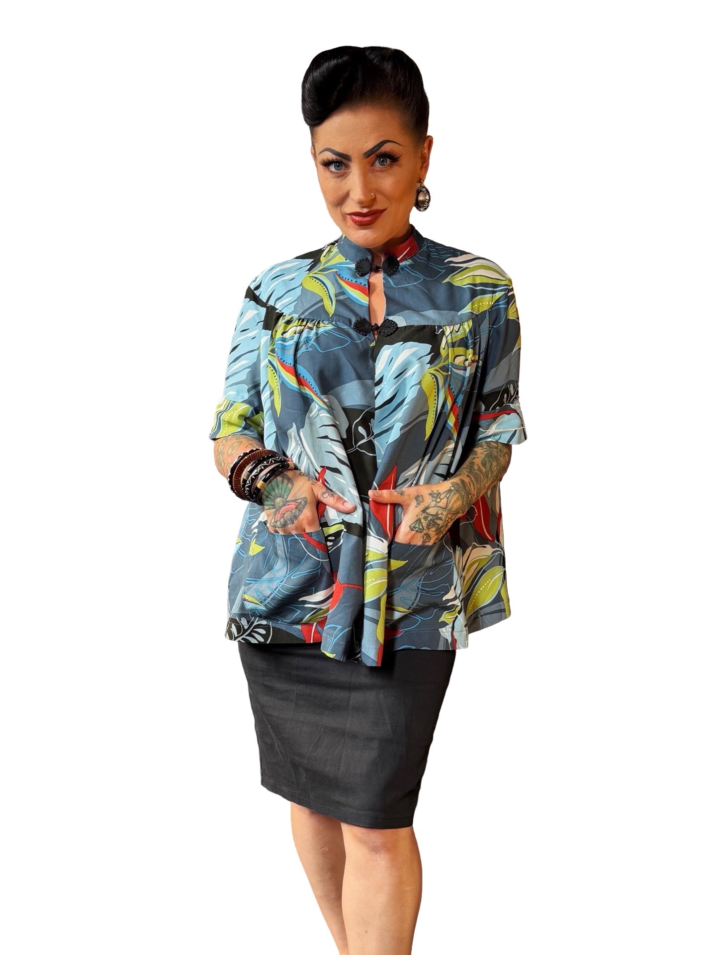 1950s Maternity Blouse – Mandarin Collar & Pockets