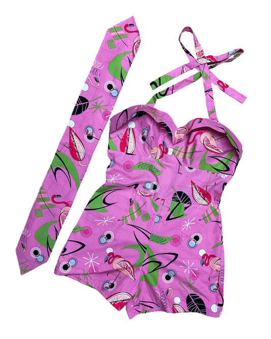 Lulu Playsuit & Headband - Atomic Flamingo Print - UK 12