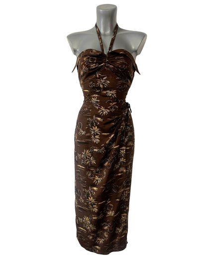 Brown floral dress on a mannequin against a white background
