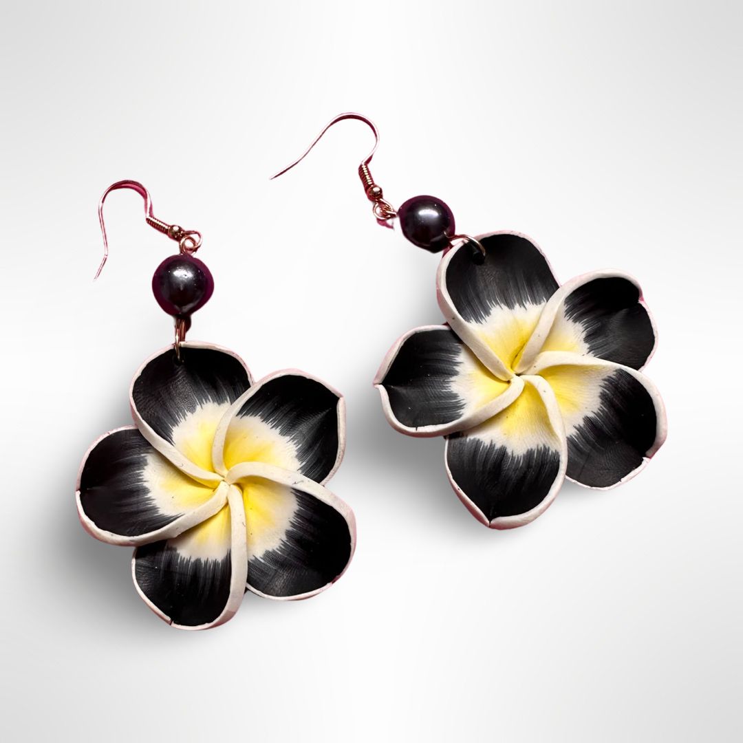 Plumeria Pearl Drop Earrings - Black