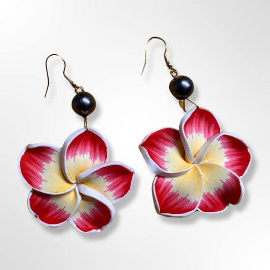 Plumeria Pearl Drop Earrings - Red