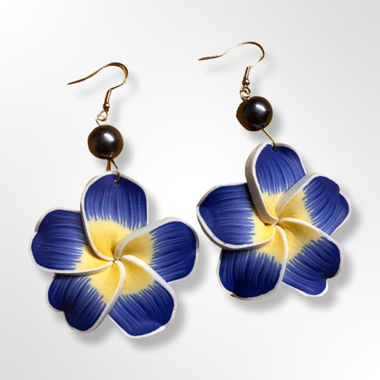 Plumeria Pearl Drop Earrings - Blue