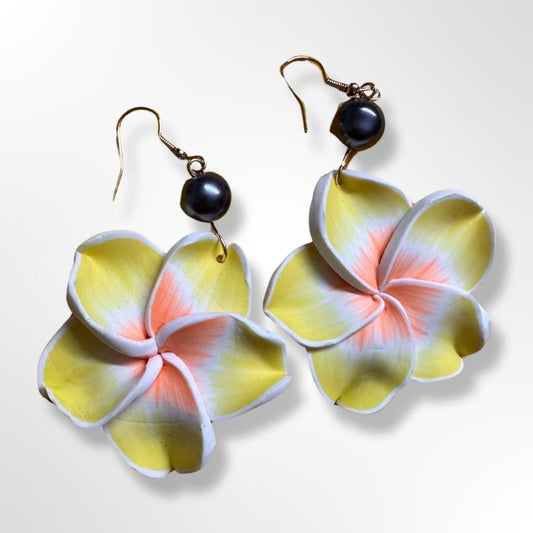 Plumeria Pearl Drop Earrings - Yellow