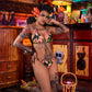 Woman in a floral bikini posing in a colorful, eclectic room.