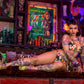 Tattooed woman in a colorful bikini sitting at a bar with neon lights and decor.