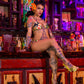 Woman with tattoos sitting on a bar counter in a colorful, eclectic setting.