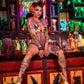 Woman with tattoos sitting on a bar counter in a colorful, neon-lit bar.