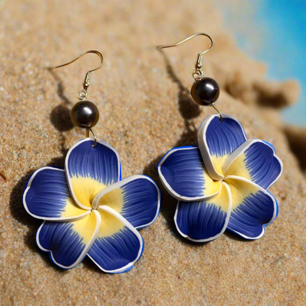 Plumeria Pearl Drop Earrings - Blue