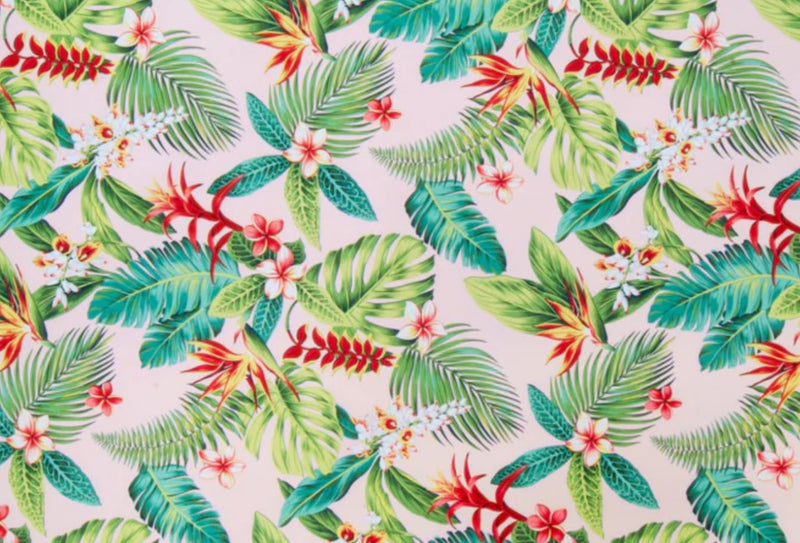 Tropical leaf and flower pattern on a light pink background