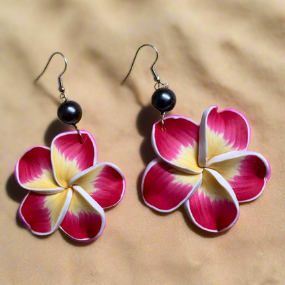 Plumeria Pearl Drop Earrings - Pink