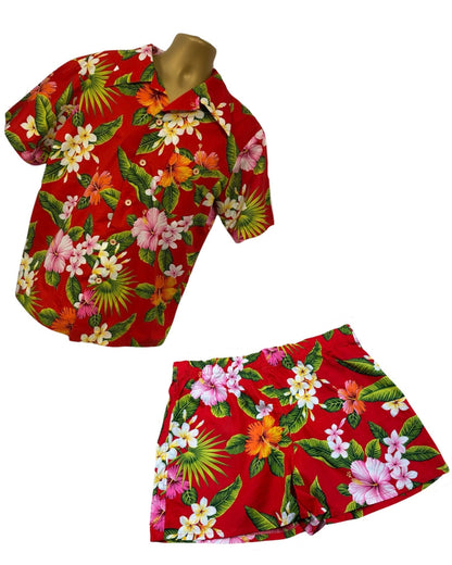 Red floral shirt and shorts set on a white background