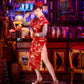 Woman in a red dress standing in a bar with vintage decor